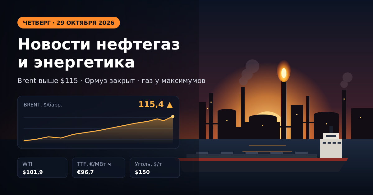 Nieuws over olie, gas en energie — donderdag 29 oktober 2026: Brent boven $115 na Houthi-aanval op Ras Tanura, gas in Europa op hoogste niveau sinds 2022