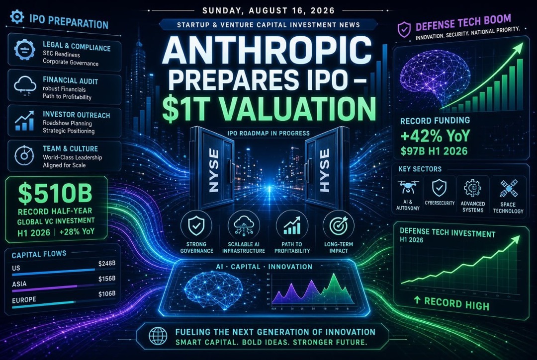 Nieuws over startups en durfkapitaalinvesteringen — zondag, 16 augustus 2026: Anthropic bereidt IPO van $1 triljoen voor, recordbedragen van $510 miljard in het eerste halfjaar en een boom in defensietechnologieën