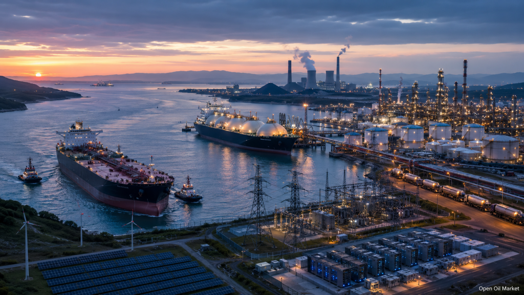 Nieuws olie & gas en energie 2 juni 2026: olietanker in strategische zeestraat, LNG-terminal, raffinaderij, elektriciteitsnetten, datacenter, hernieuwbare energie en kolenopwekking