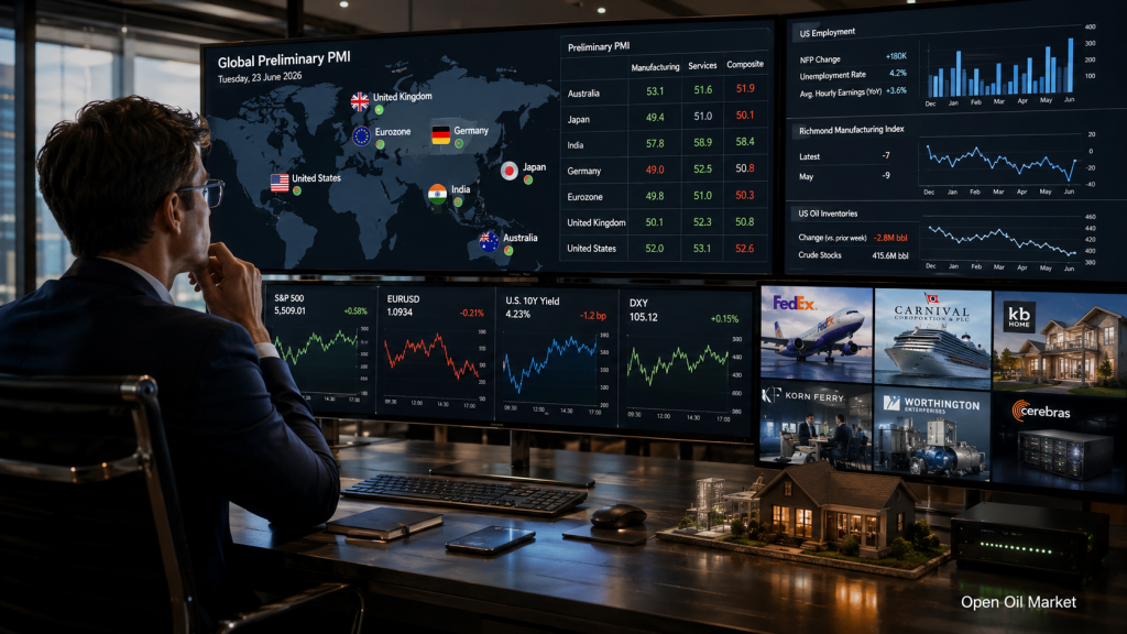Economische gebeurtenissen en bedrijfsrapporten: dinsdag 23 juni 2026 — wereldwijde PMI, arbeidsmarkt VS, FedEx, Carnival en KB Home.